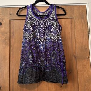 ATHLETA Tic Tac Toe Cinch Waist Purple paisley Workout top Womens M Criss cross